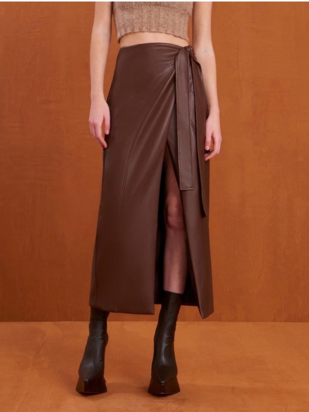 cult gaia kyarah brown faux leather wrap midi skirt side tie size 10 NEW